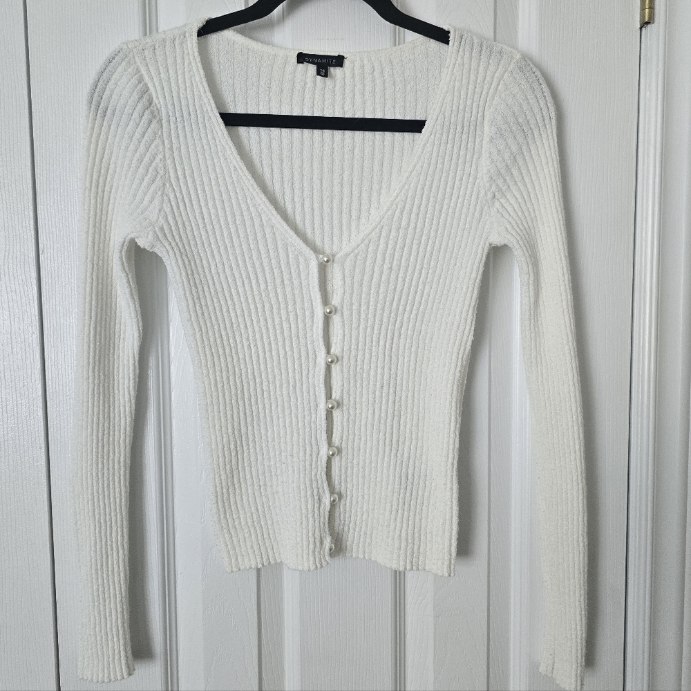 Dynamite White Ribbed Pearl  Button-Up Cardigan